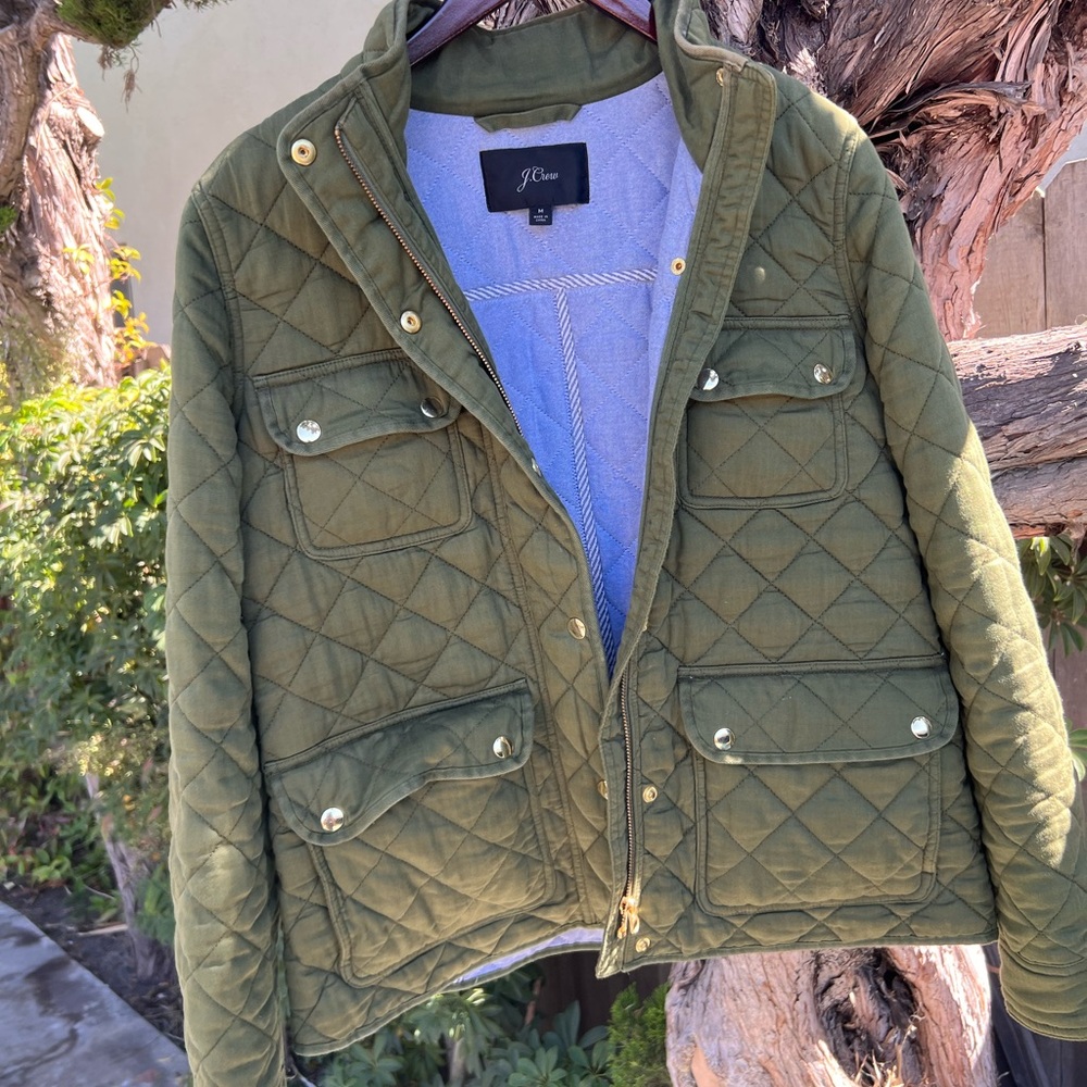 J. Crew Olive Quilted Jacket with Gold Details
